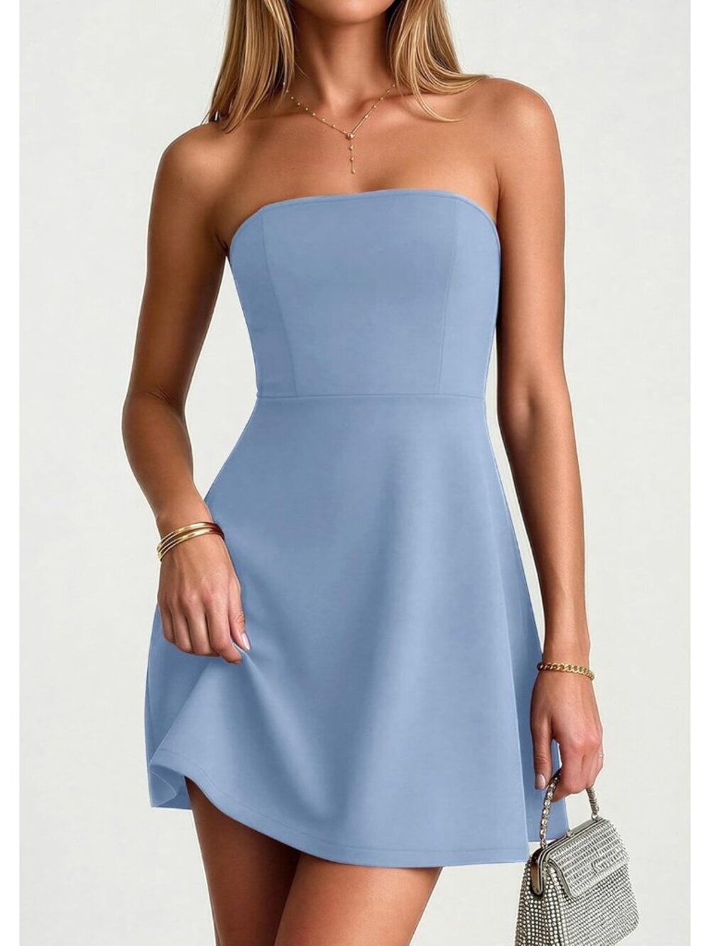 〽️Women's Light Blue Strapless Spring A LINE Tube Top Summer Short Mini Dress